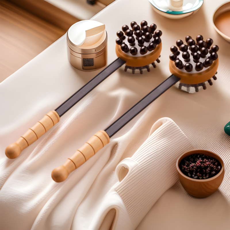 Massage Hammer with Double-Sided Wooden Beads, Rubber, and Iron, Multifunctional Meridian Tapping Tool, Health-Preserving Handheld Back-Pounding and Tapping Device
