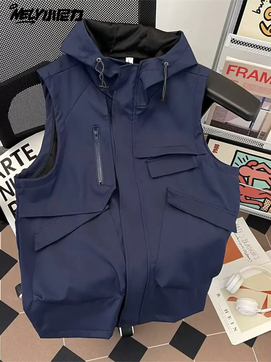 American-Style Functional Sleeveless Work Vest for Men, High-End Outdoor Mountain Style Jacket, Trendy Brand, Cool Hooded Coat