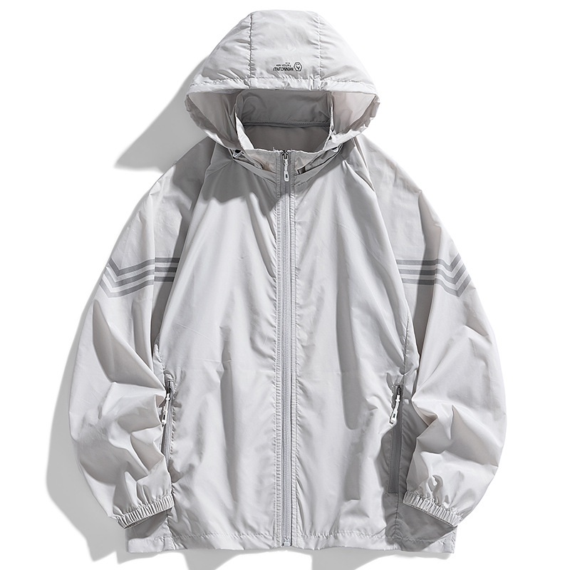 Summer Men's Sun Protection Clothing, Loose Casual Solid Color Stand-Up Collar Fashion Jacket, Hooded Sun Protection Clothing, Sweat-Absorbent, Quick-Drying and Breathable
