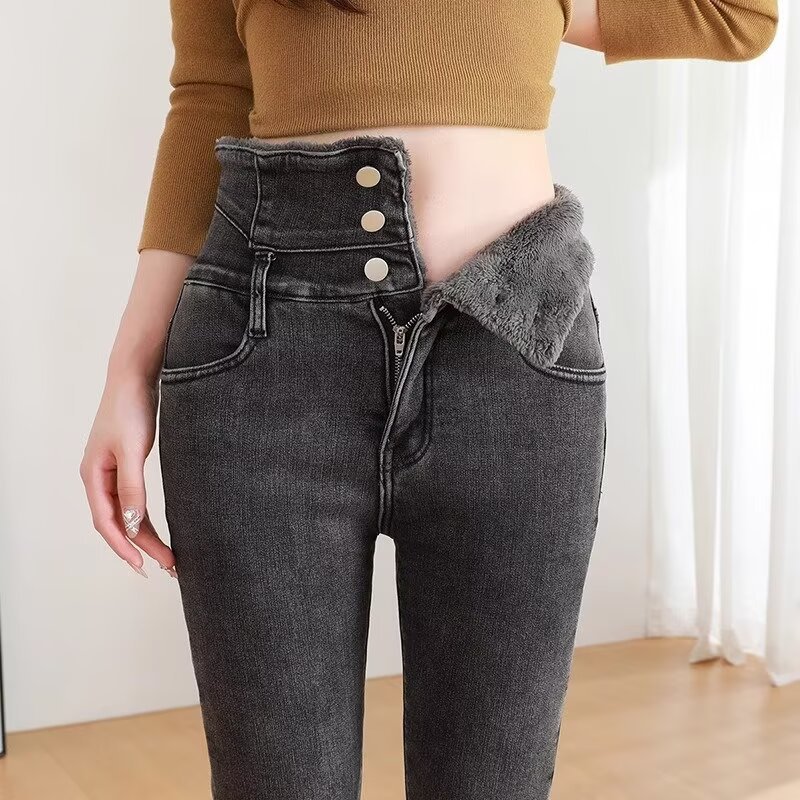 Elastic High-Waisted Fleece-Lined Jeans for Women, Plus Size, New Slim-Fit Skinny Pencil Pants