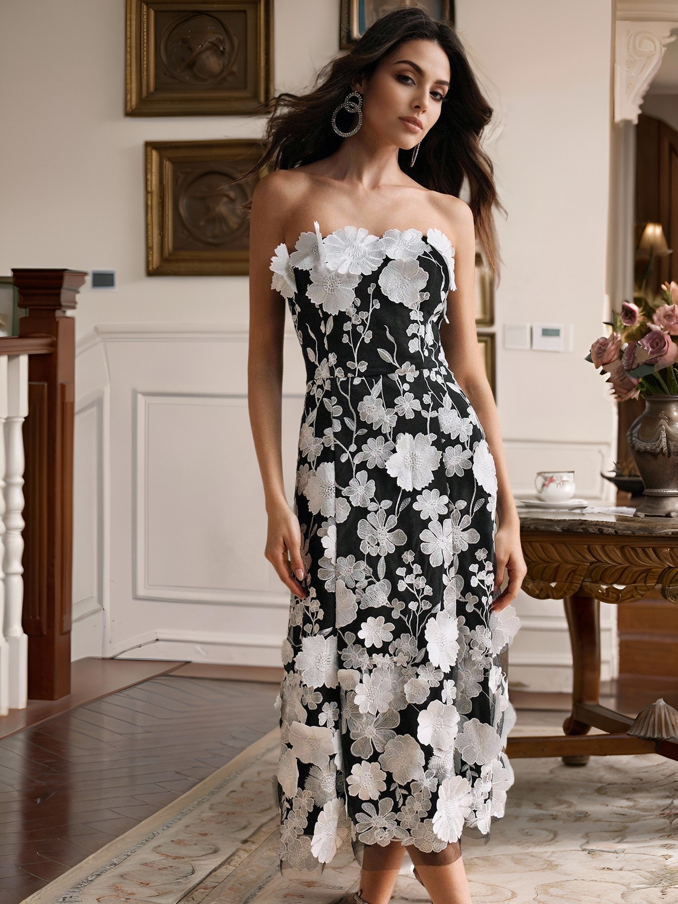 2025 Spring and Summer New Style Round Neck Vest Dress with Waist-Cinching Retro Embroidered Floral Mesh Long Skirt Dc-218-1