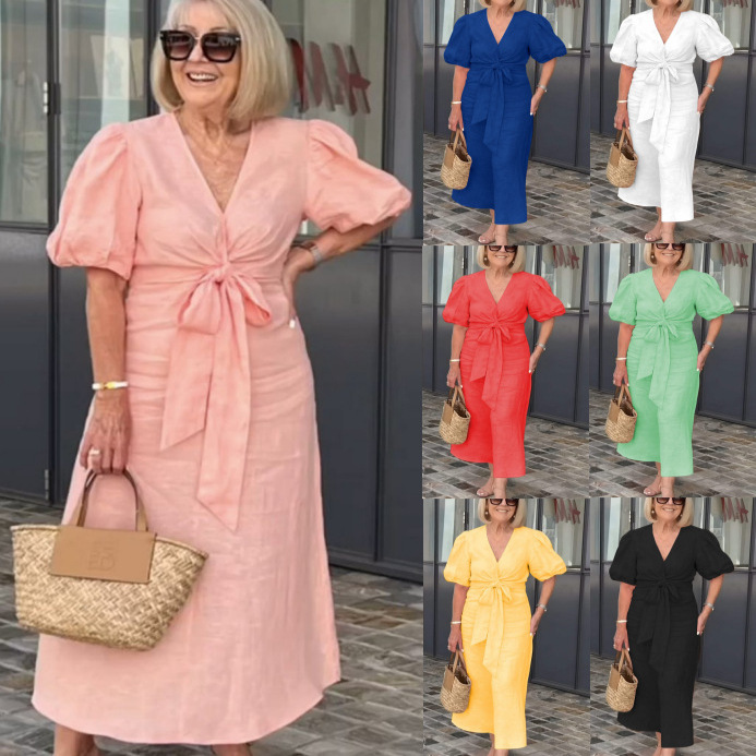European and American Cross-Border Foreign Trade Women's Clothing 2026 Spring and Summer New Amazon V-Neck Tie-Up Puff Sleeve Cotton Dress