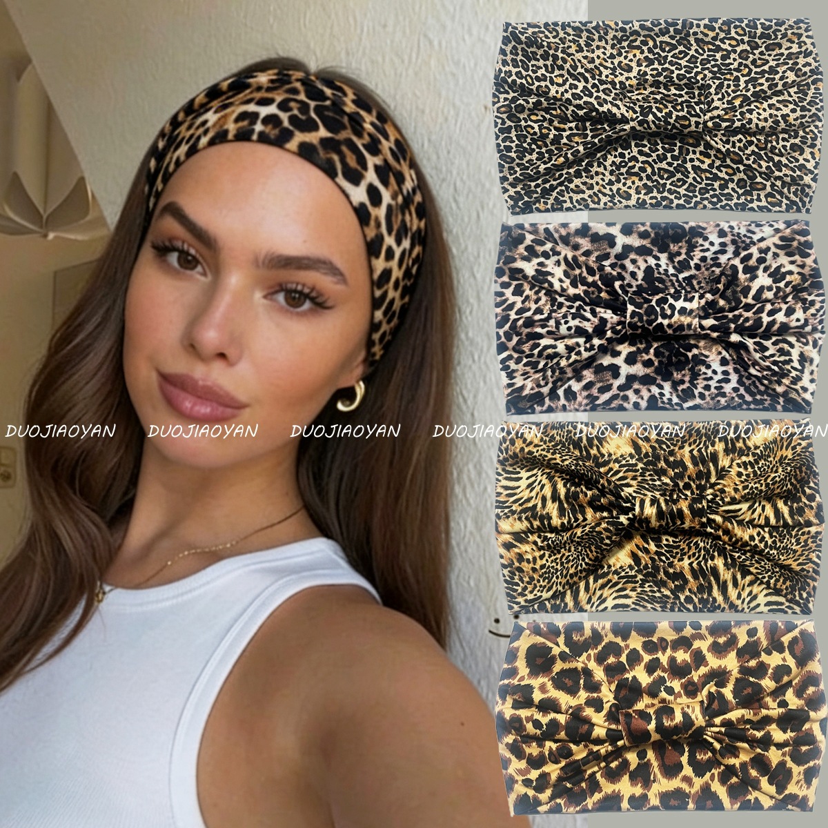 Cross-Border New Style Retro Leopard Print Hairband with Wide Elastic Band, Fashionable Hot Girl Headscarf, Sports Hairband