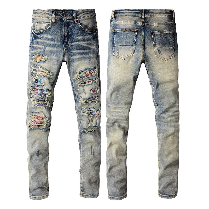 European and American High Street Ripped Pants with Holes and Patches for Men, Slim Stretch Jeans for Men, Can Be Worn for Small Feet 876