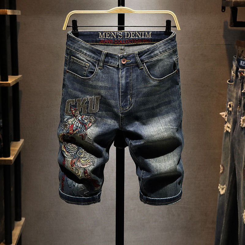 2023 Summer Street Trendy Carp Embroidered Men's Denim Shorts Distinctive Trendy Slim-fit Mid-waist Pants Men's
