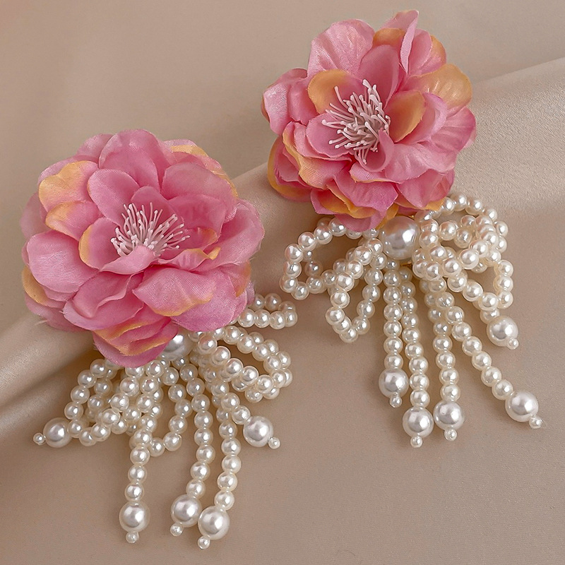 Silver Needle Retro Flower Bow Imitation Pearl Tassel Earrings European and American Ins Fashion Exaggerated Elegant Earrings