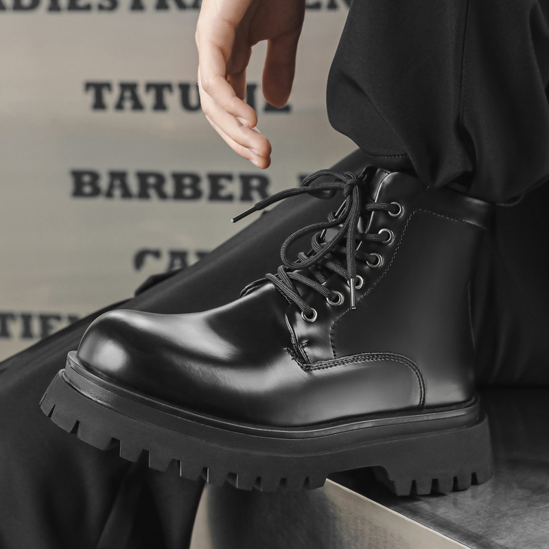 Martin Boots Men's Thick-soled Mid-top Tooling Boots British Style Autumn Motorcycle Boots Trendy Men's Leather Boots Retro Trendy Brand Ankle Boots
