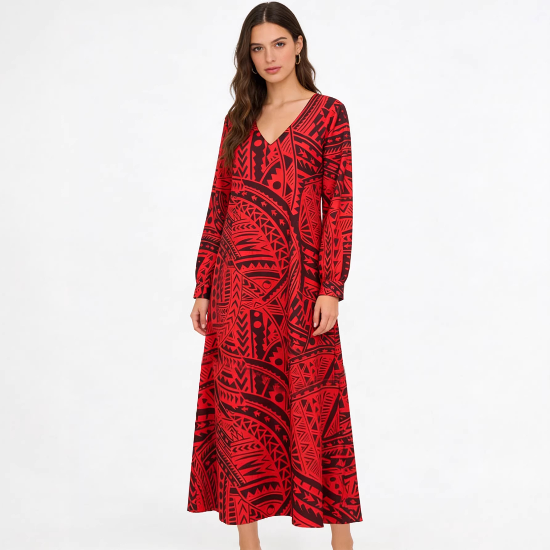 2026 New Women's Dress European and American Style Long-Sleeved V-Neck Loose Dress Bohemian Retro Printed Long Dress