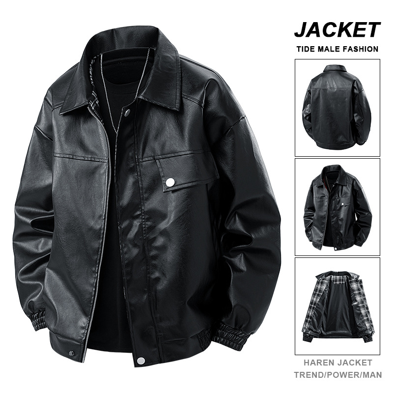 Spring 2025 New Lapel PU Leather Men's Riding Motorcycle Leather Jacket Men's American Style Street Casual Loose Jacket