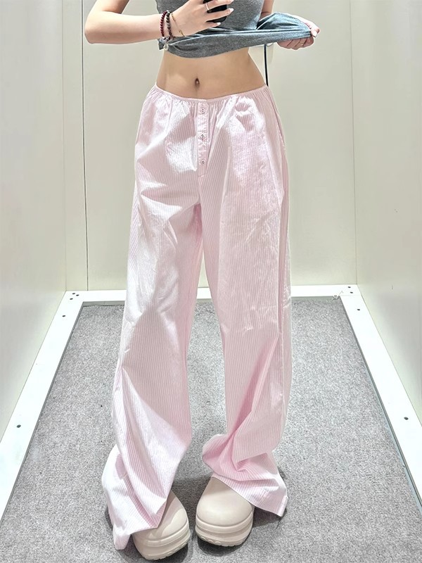 Ins Korean Style Pink Stripesd Wide-Leg Pants Women's Pants New Summer High-Waisted Casual Loose Large Size Walking Pants