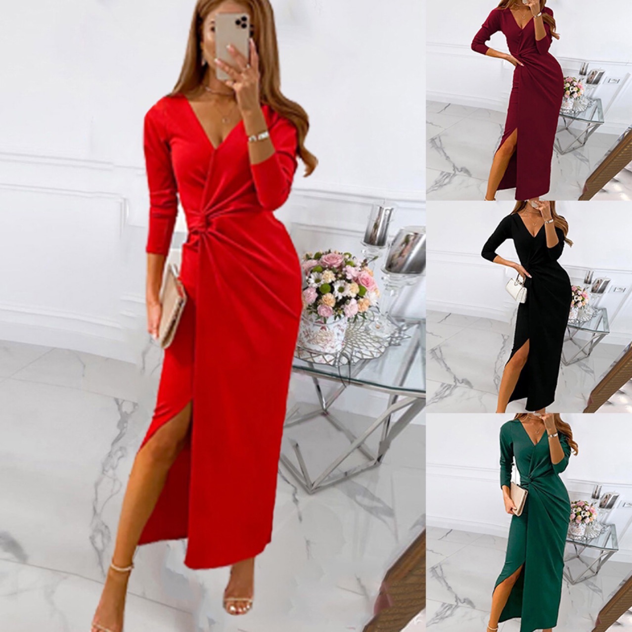 2026 Cross-Border Foreign Trade Amazon Hot-Selling Solid Color Strapless Long Dress Cotton Red Mid-Waist Elegant Work Dress