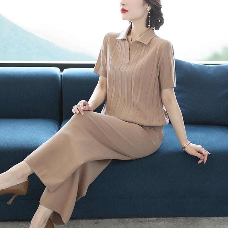 POLO fashion leisure sports suit summer short sleeve ice silk knitted sportswear slimming mom wide leg pants suit
