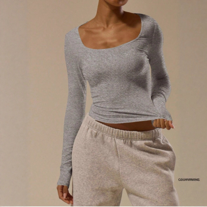 2026 European and American Early Autumn Large U-Neck Bottoming Shirt for Women with Long-Sleeved T-Shirt Slim Elegant Outer Top Pure Color Wholesale