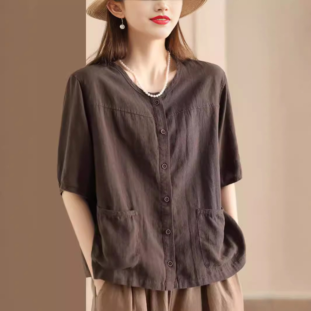 2025 Summer New Vintage Artistic Cardigan Cotton Linen Shirt Pocket Design Women's Casual Single-breasted Short-sleeved Elegant