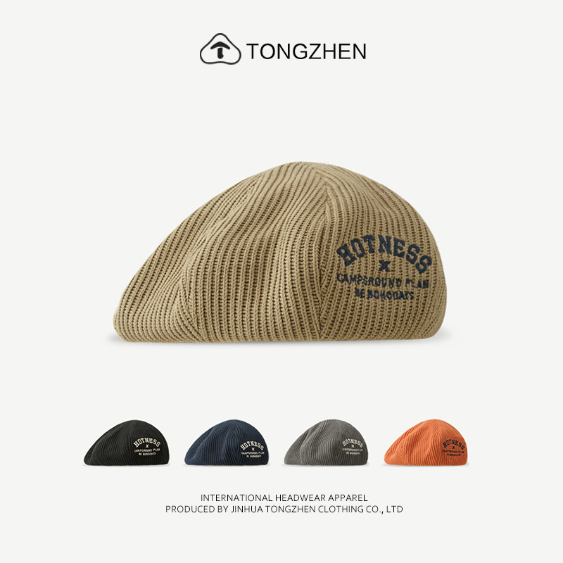 Japanese street fashion washed knitted beret women's fashion brand letter embroidery wool octagonal hat retro newsboy hat
