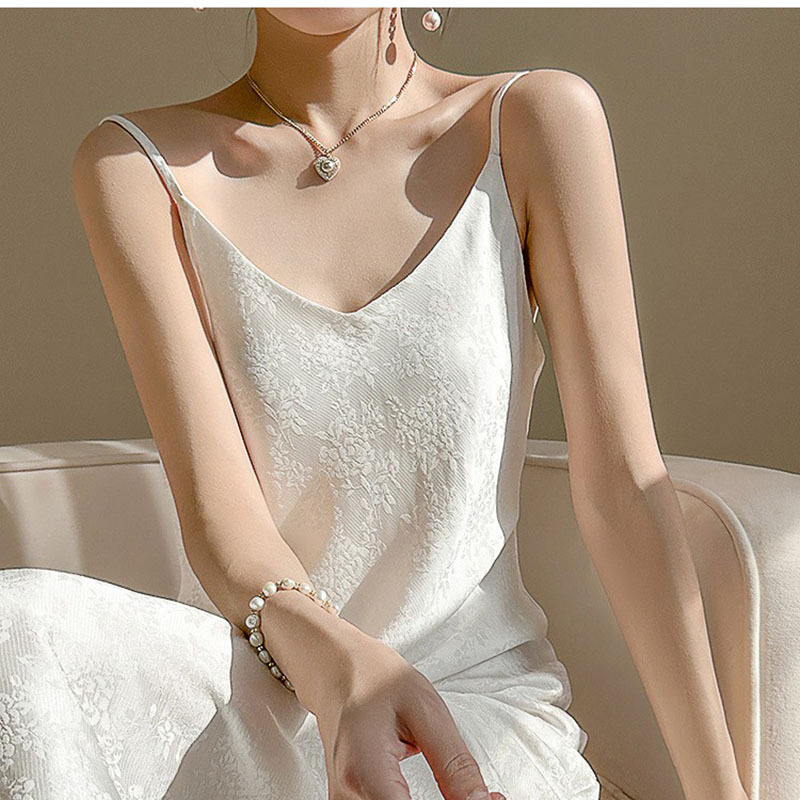 Triacetate Suspender Dress for Women in Summer, Loose Inner Wear, V Neck Design, Satin Elegant Long Skirt