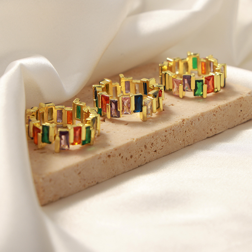 Cross-border new fashion rainbow female ring exquisite geometric multi-color Square zircon ring dopamine color matching jewelry