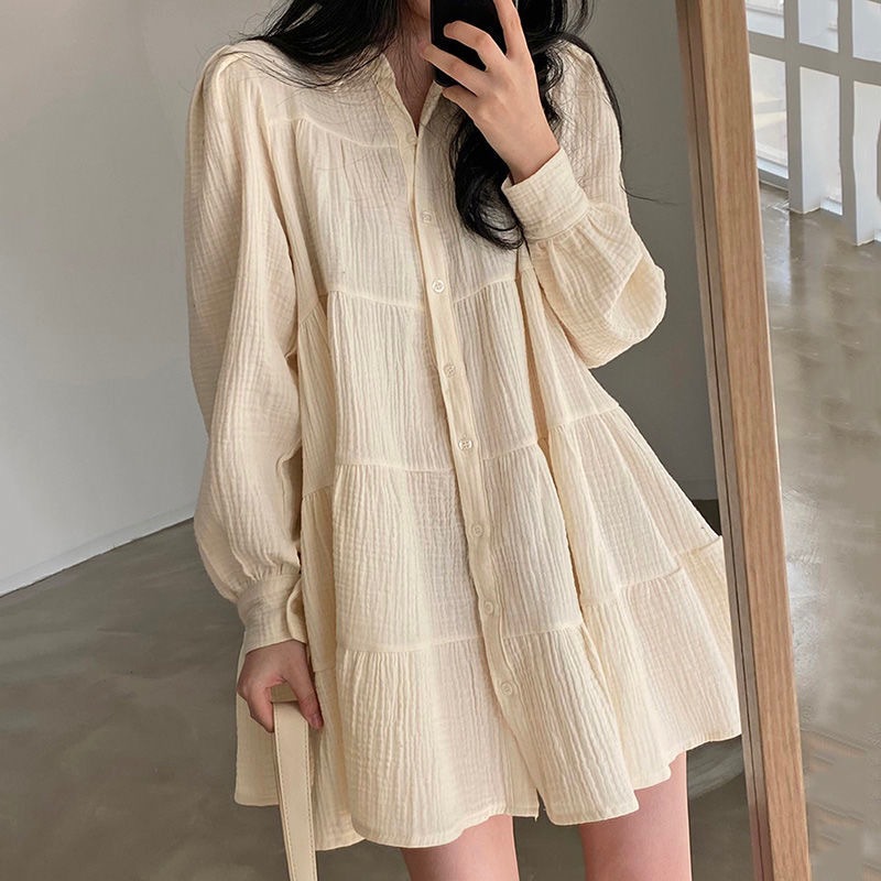 South Korea Chic Autumn Simple Elegant Lapel Pleated Loose Single-breasted Bubble Sleeve Short Doll dress