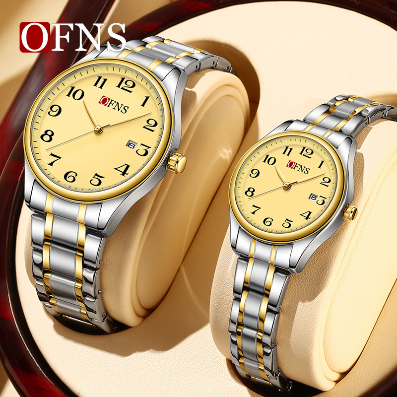 Ofns Quartz Watch Fashion Classic Steel Band 30m Waterproof Men's and Women's Watch Single Calendar Business Couple Watch Cross-Border Wholesale
