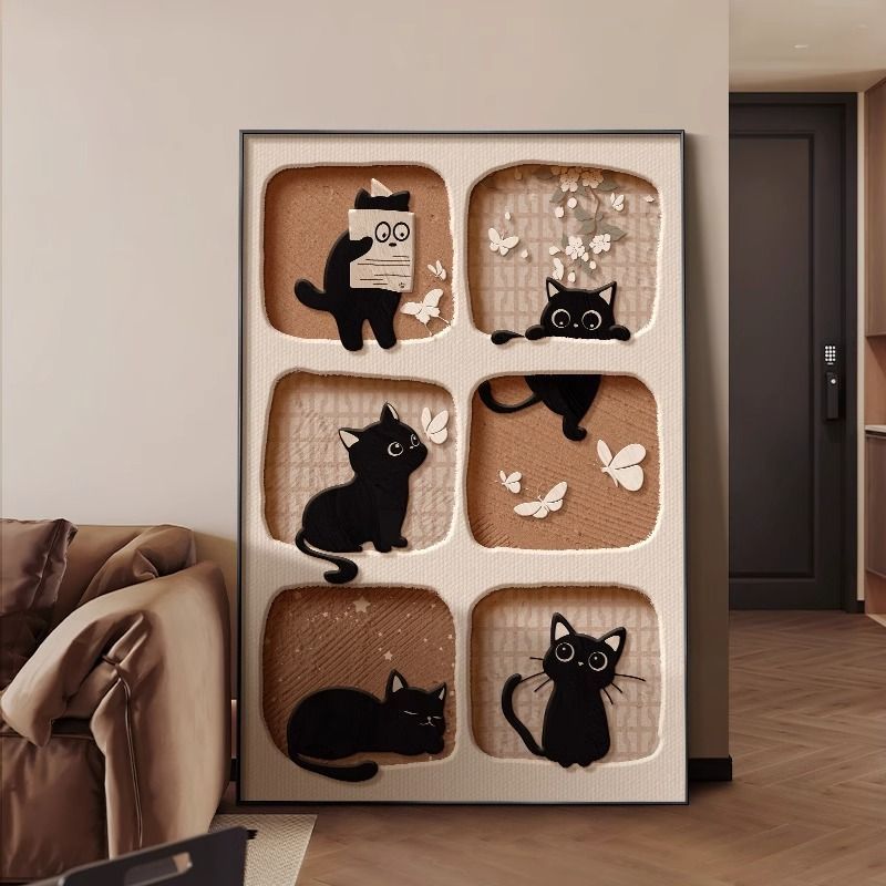 Antique Cat Living Room Decorative Painting Retro Cartoon Animal Floor Painting Sofa Background Wall Hanging Painting Entrance Murals