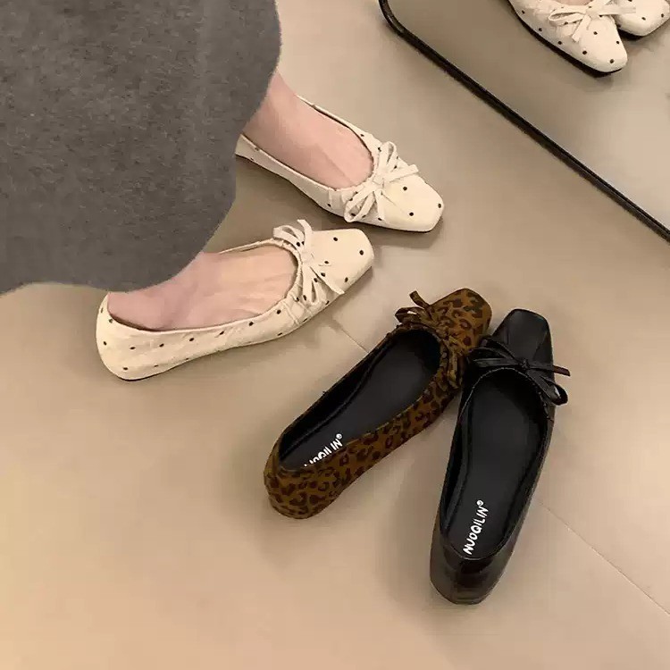 French-Style Bow Square-Toe Flat Shoes for Women 2026 New Model Soft Sole Versatile Shallow Mouth Polka Dot Gentle Style Mary Jane