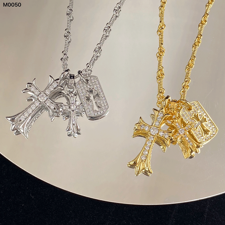 Croda diamond-encrusted double cross Golden Diamond retro three-piece necklace lovers bamboo chain manufacturer's batch