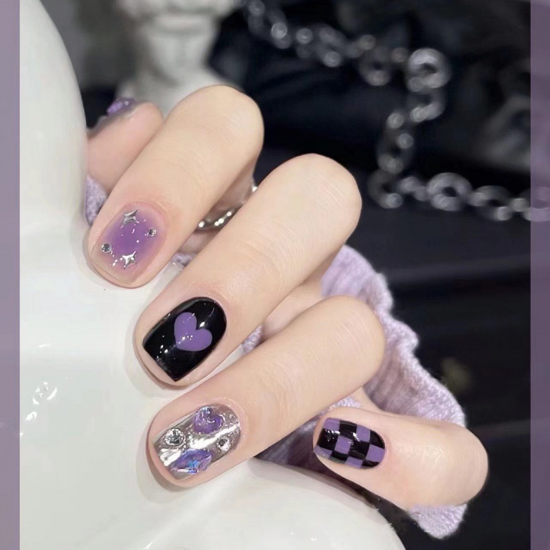 Handmade manicure wear nail patch black purple color matching y2g Millennium hot girl silver magic mirror chess plate grid manicure