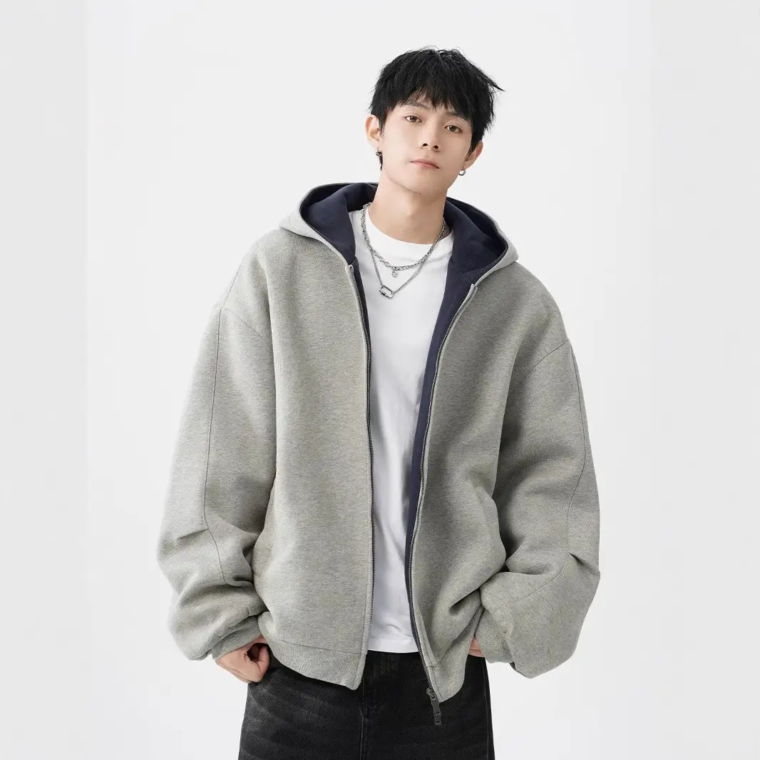 American Heavy Double Zipper Hooded Sweater Jacket Men's Autumn and Winter Duffy Handsome Casual Jacket Thickened Contrast Couple Cardigan