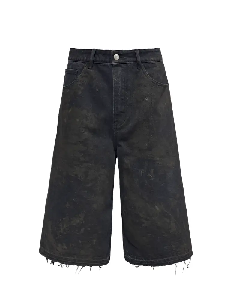 Jcaesar Mud Dyeing Jhorts Black Mud Dyed Three-Quarter Denim Washed and Distressed Raw Edge Hem