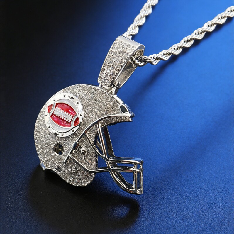 Manufacturer Custom-Made Popular Full Diamond Alloy American Football Helmet Pendant Hip-Hop Sports Theme Cuban Chain