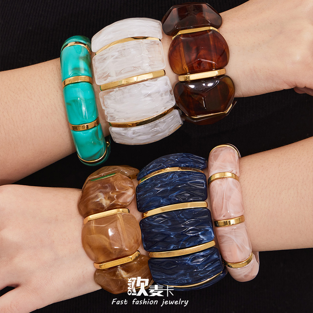 Dopamine Color Resin Wide Elastic Bracelet European and American Light Luxury Fashion Versatile Bracelet Stainless Steel Plated with 18K Gold