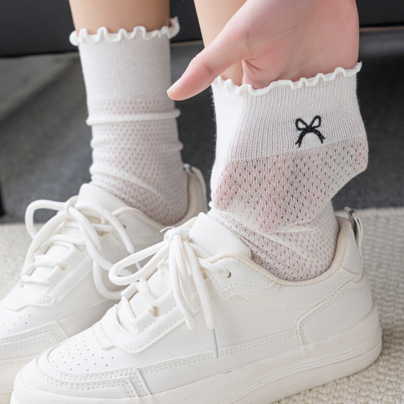 Socks women's summer thin sweet lace pile socks mesh breathable tube socks bow summer cotton yarn stockings
