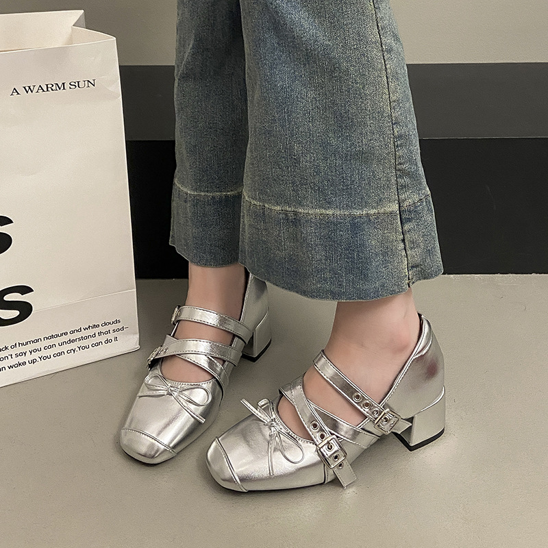 Square-Toe Shoes with 7cm Hidden Heel and Bowknot for Women, 2025 Vintage Style, One-Strap Mary Jane Ballet Shoes for Outdoor Wear