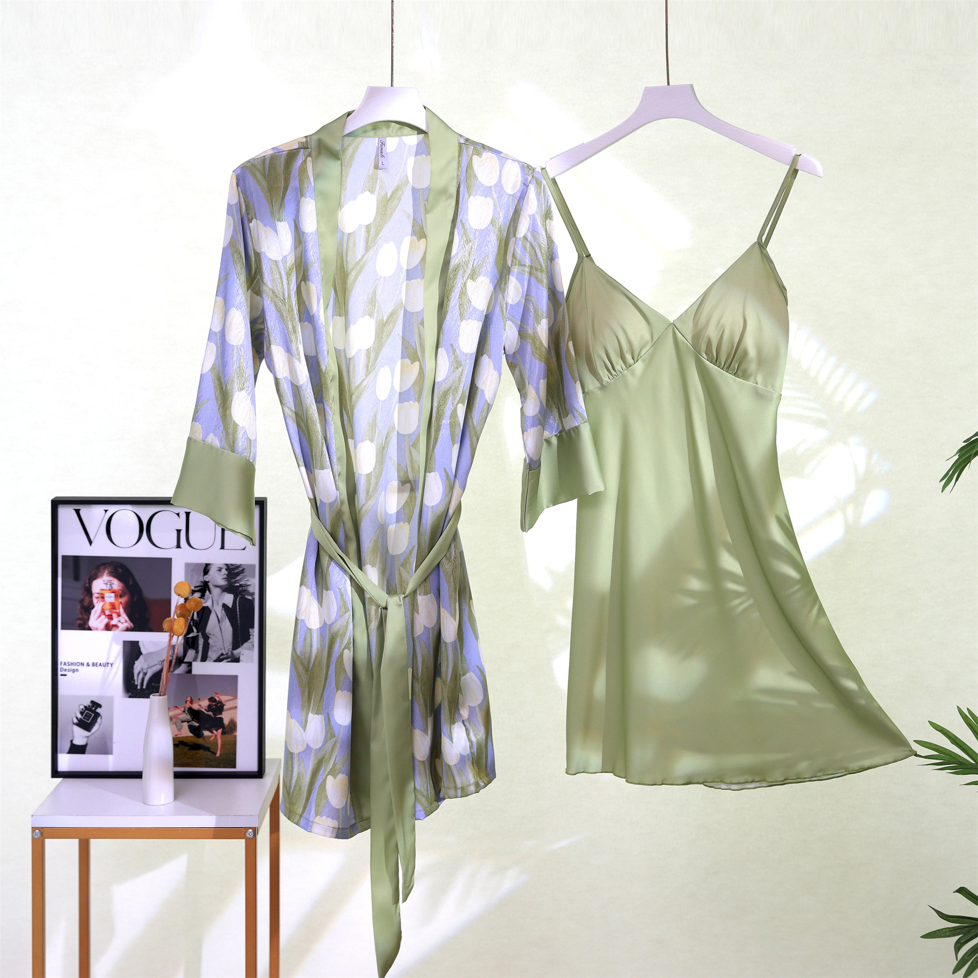 New Two-Piece Silk Sexy Printed Hanging Dress Nightgown Set Women's Silk Two-Piece Set Wholesale for Hair