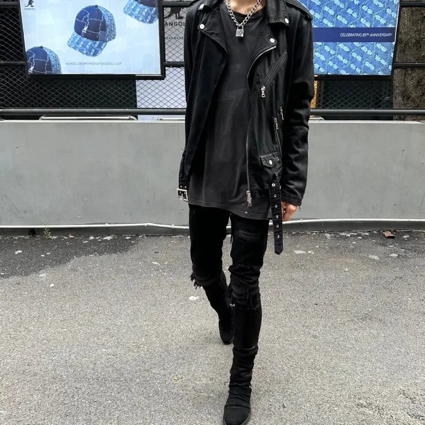 【当天发货】撕裂的天堂16ss黑色刷蜡机车夹克有收腰抽绳AM高街