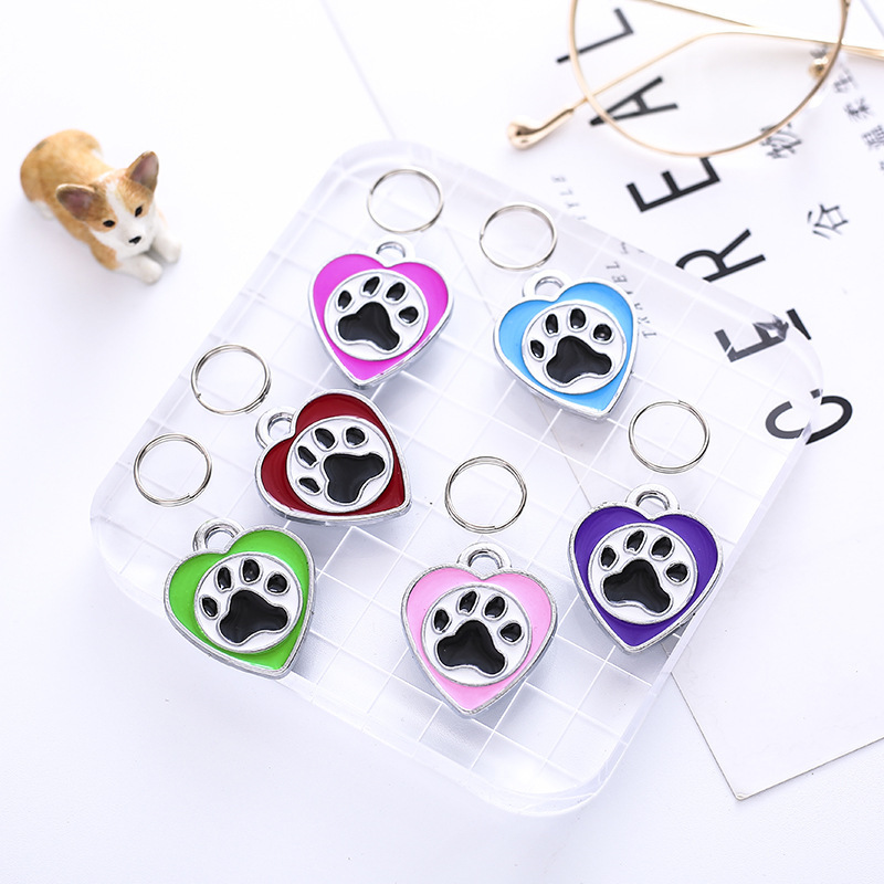 Heart-Shaped Zinc Alloy Dog Tag Pet Collar with Colorful Paint and Paw Print Tag, Anti-Lost Engraved Pendant Nameplate