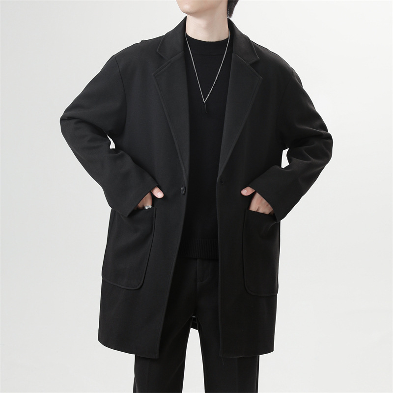 Woolen Coat Men's Autumn and Winter Suit Mid-length Thickened Trenchcoat Korean Style Top Casual Suit Woolen Coat Men's