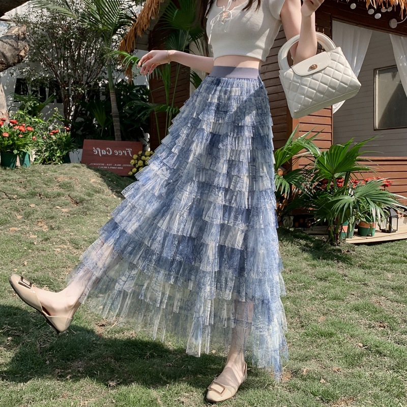 Tie-Dye Long Blue Gauze Cake Skirt Gauze Skirt Women's Spring 2025 New Style Fluffy Skirt Long Skirt Summer