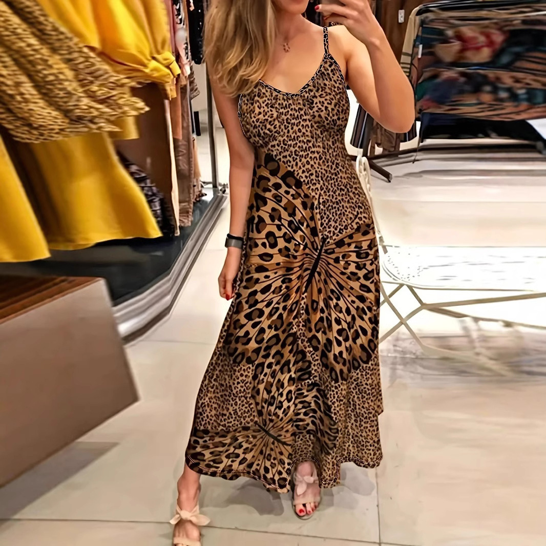 Amazon 2026 New Women's Leopard Print Butterfly Print Dress V-Neck Sleeveless Long Dress