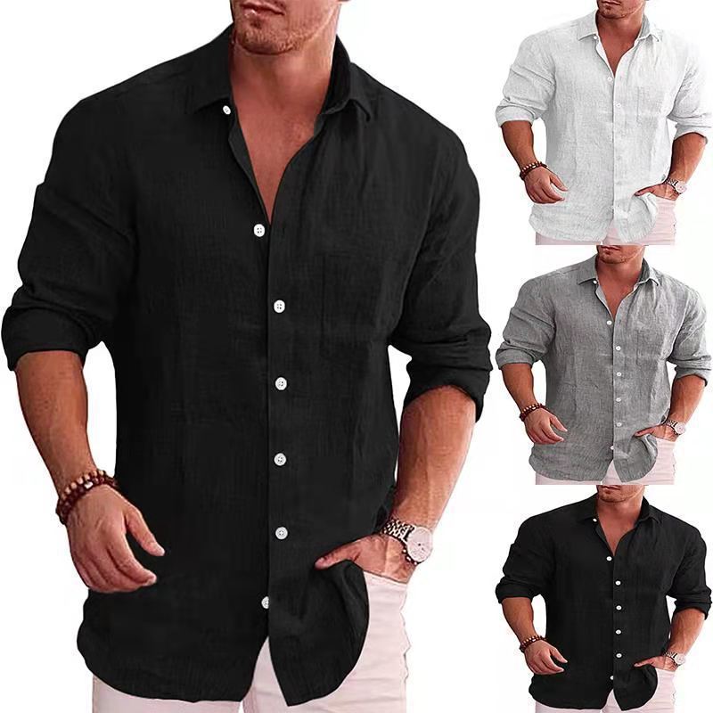 2026 Amazon Ebay Foreign Trade Men's Loose Large Size Solid Color Shirt Linen Lapel Long Sleeve Casual Shirt for Men