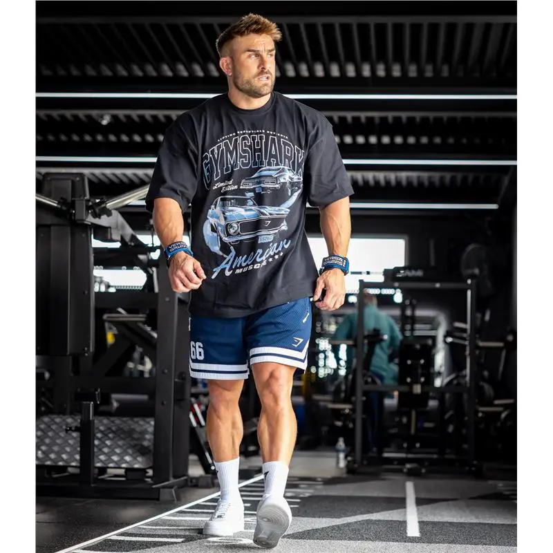 Heavy weight 260g muscle and car super soft washed retro pink car men's and women's fitness sports short sleeves