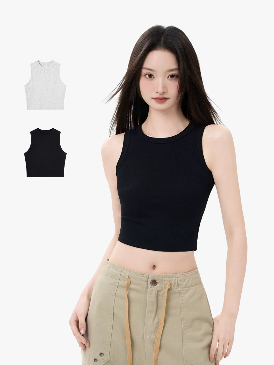 Round Neck Sleeveless Short Vest Women's Basic Style Simple Slim Fit Exposed Navel Sexy Outer Wear Bottoming Suspender Top Summer