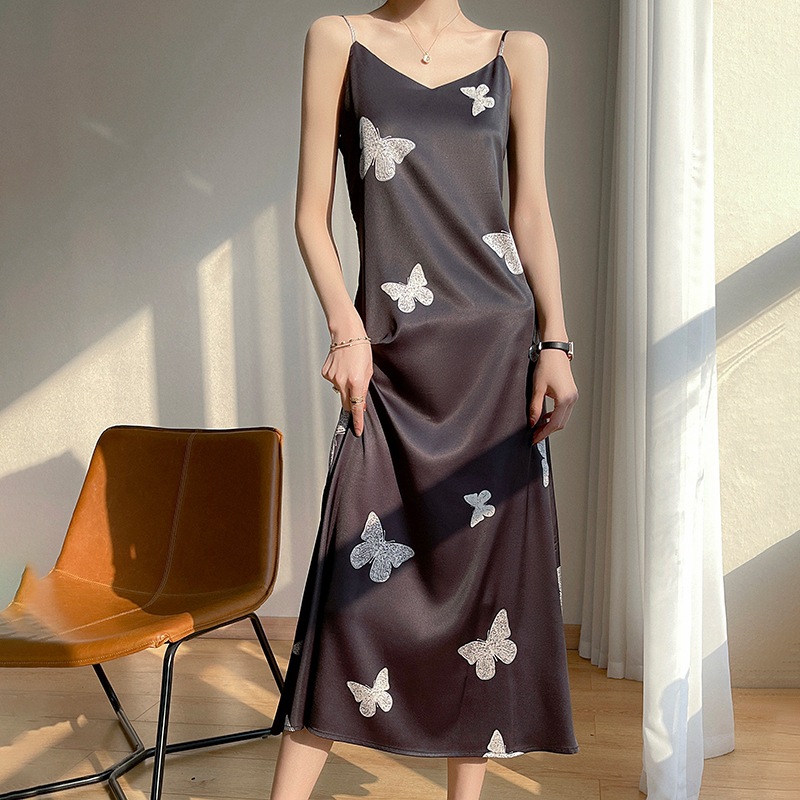 Silk satin 2024 spring and summer new women's long dress butterfly print elegant all-match dress Suspender top