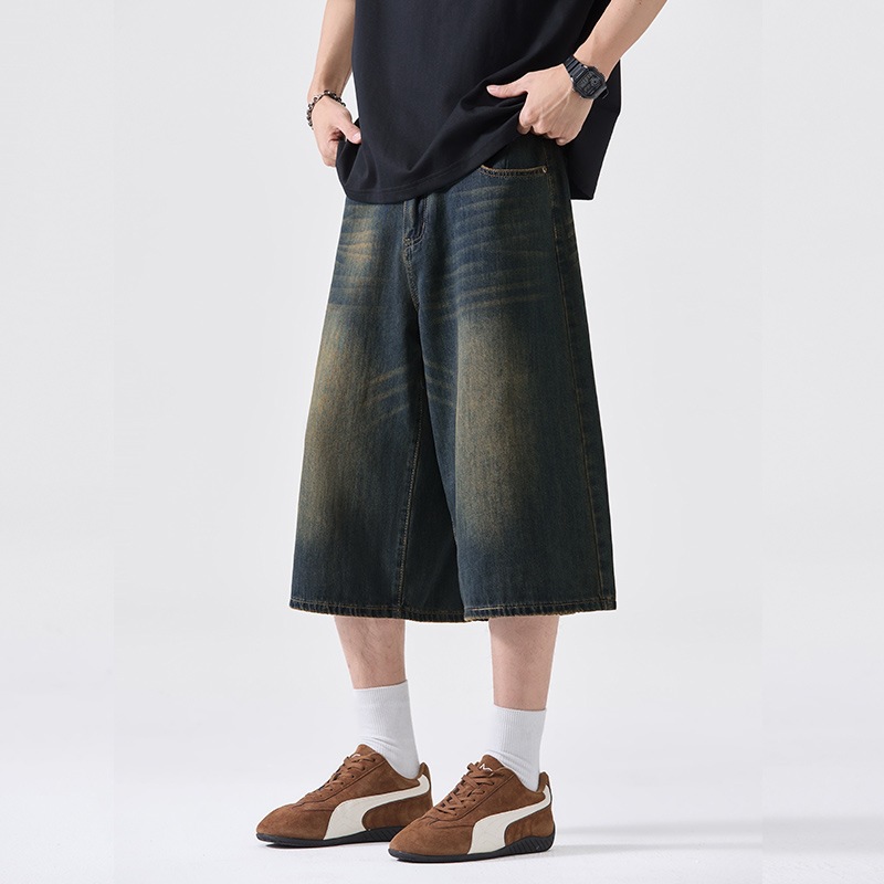 Summer New Style Loose Straight-Leg Cropped Jeans for Men, Trendy Brand Versatile Loose Casual Fashion Thin Mid-Length Pants