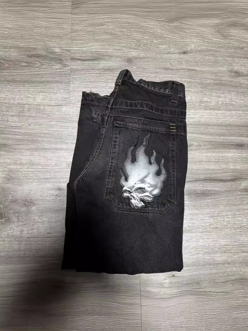 Internet Celebrity Trend Harajuku Hip-Hop Retro Skull Streetwear Jnco Jeans Y2K Men's Jeans Wholesale