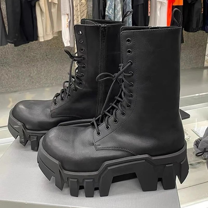 Cowhide Leather Round Toe Lace-Up Punk Mid-Barrel Martin Boots Paris
