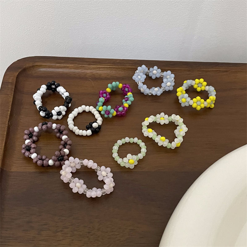 Small fresh color beaded ring flower personality temperament ring High sense INS fine finger ring niche ~