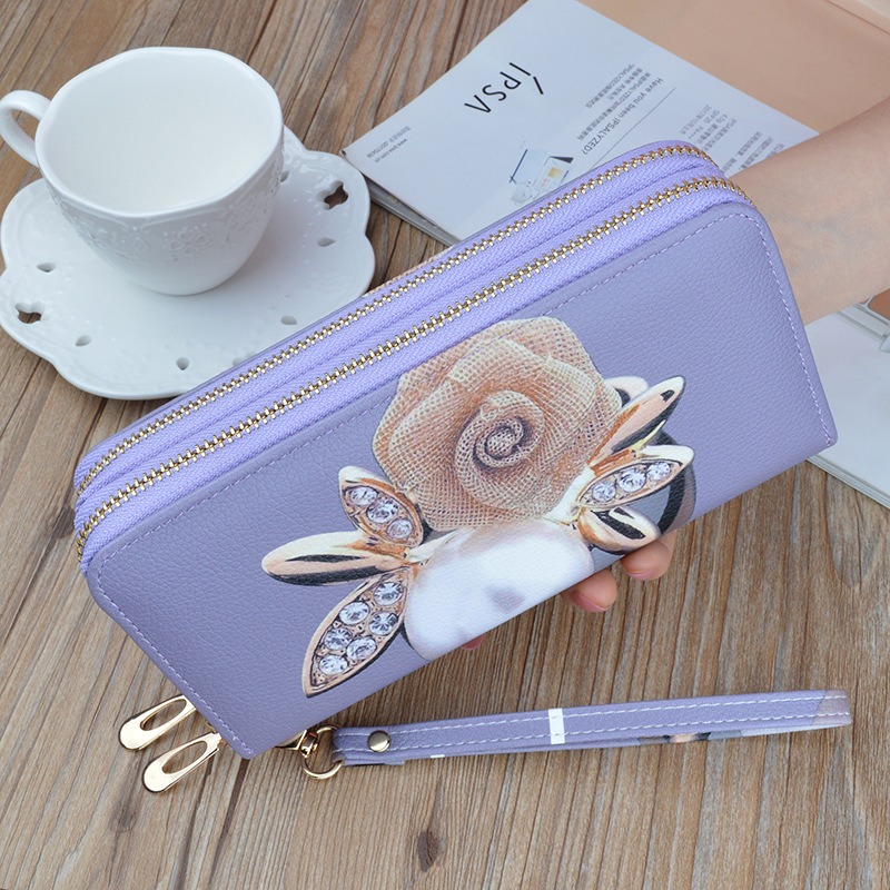 New double zipper hand wallet ladies long soft wallet fashion printing large capacity double wallet mobile phone bag