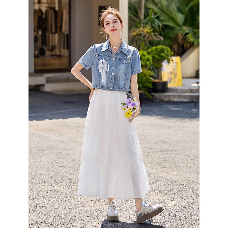 Denim Jacket and Suspender Dress Two-Piece Set for Women, Summer 2026 New Fashion Stylish White Tiered Dress