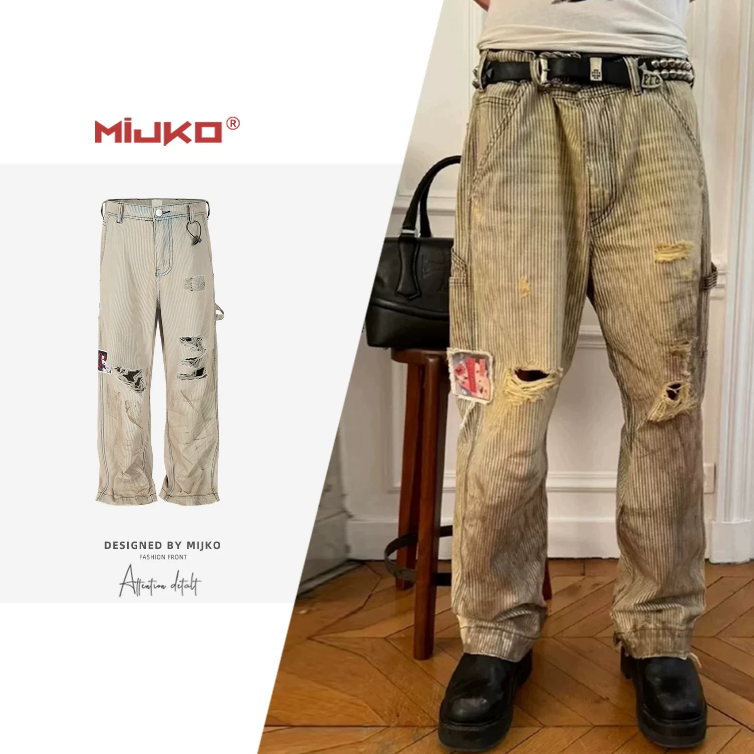 American ERD melancholic rich second generation doing old, destroying, mud dyeing, comic stickers, Kaha logging, warehouse workwear, striped pants